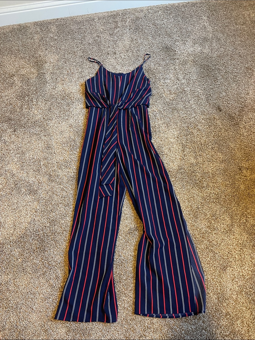 Monteau Navy Spaghetti-Strap Striped Jumpsuit with Tie Waist